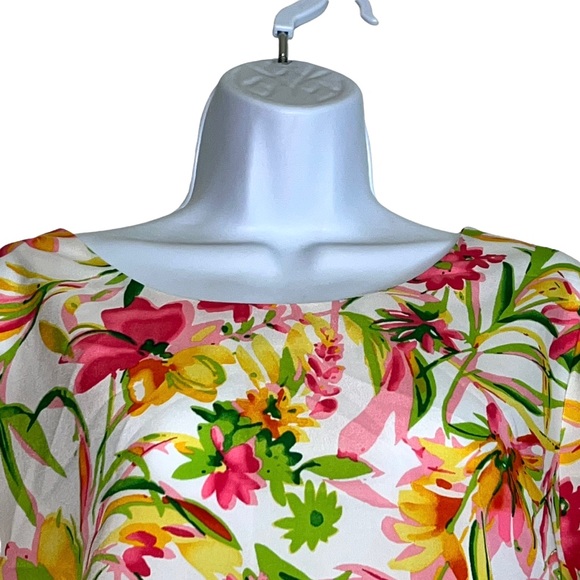 J.Crew Blouse Short Sleeves Top White Multi Floral Keyhole - Picture 3 of 10